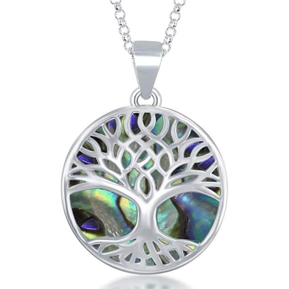 Sterling Silver Tree of Life Necklace with Turquoise Abalone Mother of Pearl -